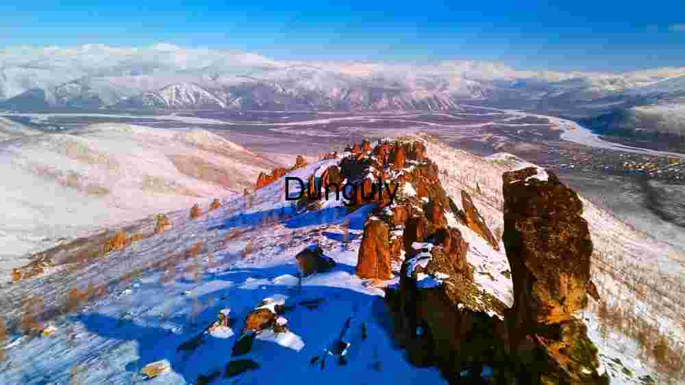 Aerial View of Snow-Capped Mountains and River Valley