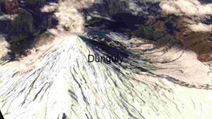 Snow-Capped Volcanic Mountain with Surrounding Terrain