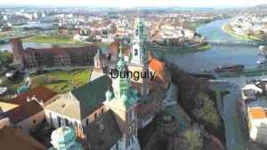 Aerial View of a Historic Riverside Cathedral