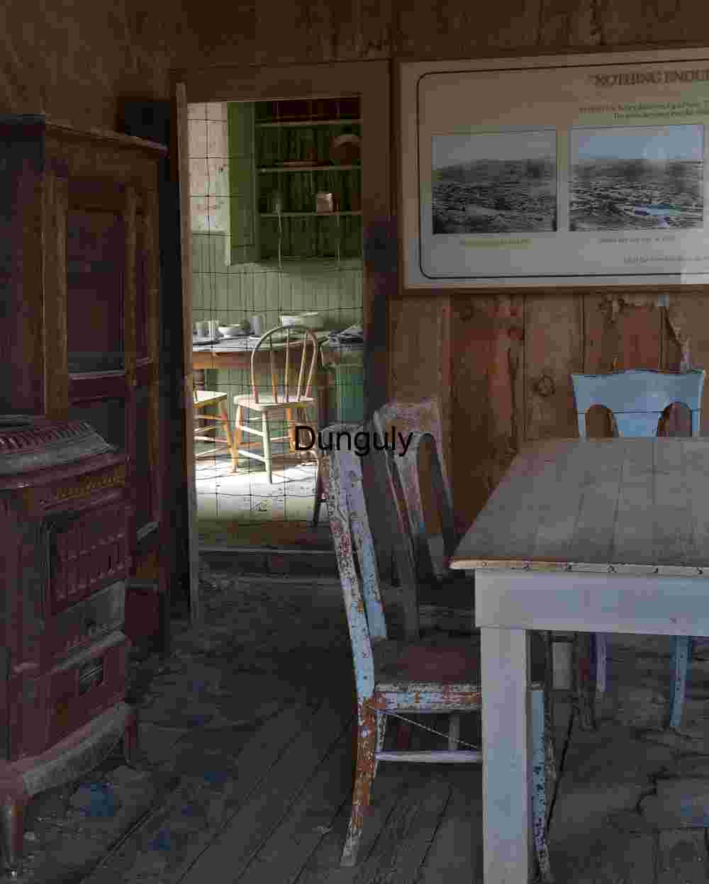 Abandoned Rustic Interior with Historical Signage