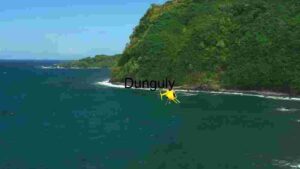 Aerial View of a Yellow Helicopter Flying Along a Lush Green Coastline