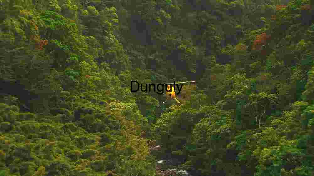 Yellow Helicopter Flying Over a Forested River Valley