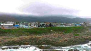 Coastal Village with Rocky Shoreline and Overcast Sky