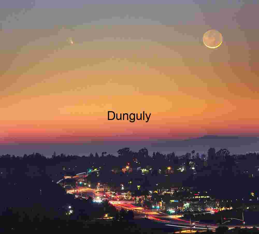 Twilight Cityscape with Crescent Moon and Comet