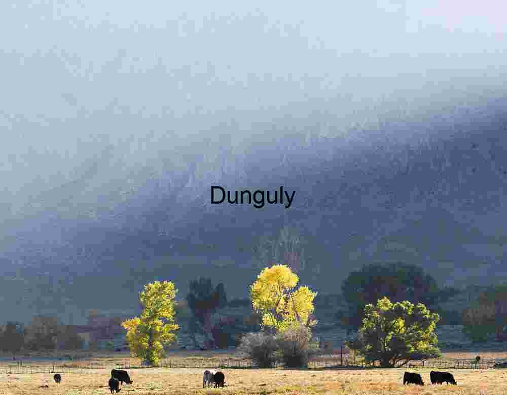 Autumn Pastoral Serenity – Black Cattle Grazing Beneath Misty Mountain Range and Golden Trees