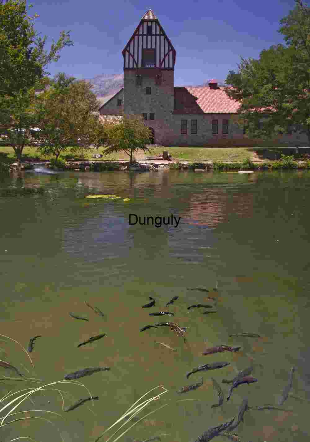 Historic Lakeside Tower with Fish Pond — Scenic Architecture & Nature Photography for Editorial and Commercial Use