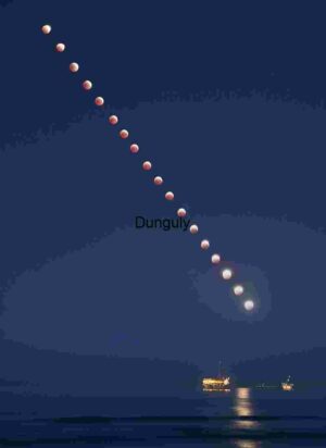 Lunar Eclipse Sequence Over Ocean Horizon