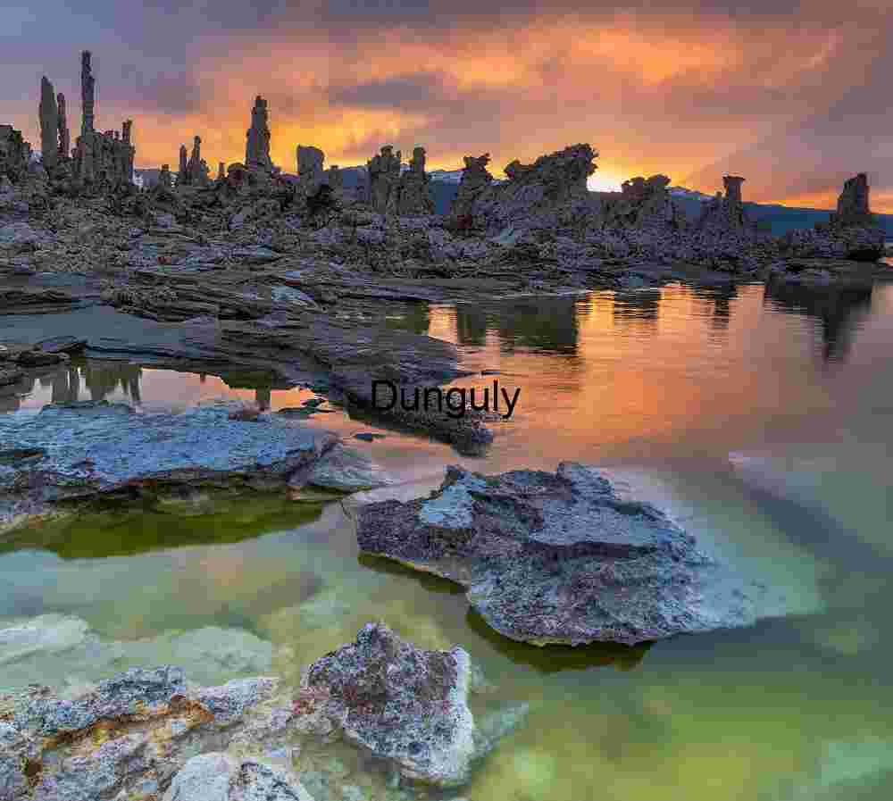 Sunset Over Mono Lake: Tufa Towers in Fiery Reflection
