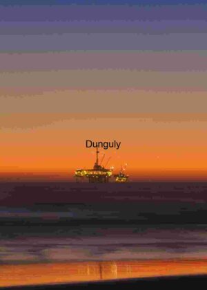 Burning Horizon: Offshore Oil Rig at Coastal Twilight