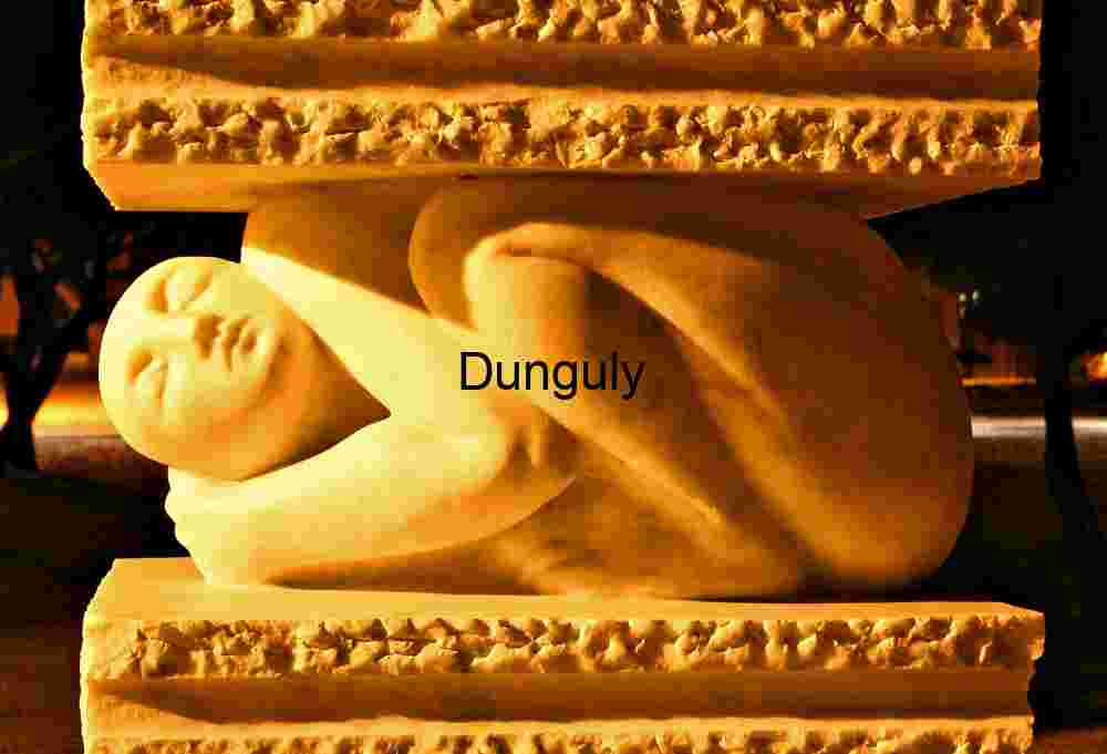 Stone Sculpture of Human Figure in Fetal Position Between Textured Slabs