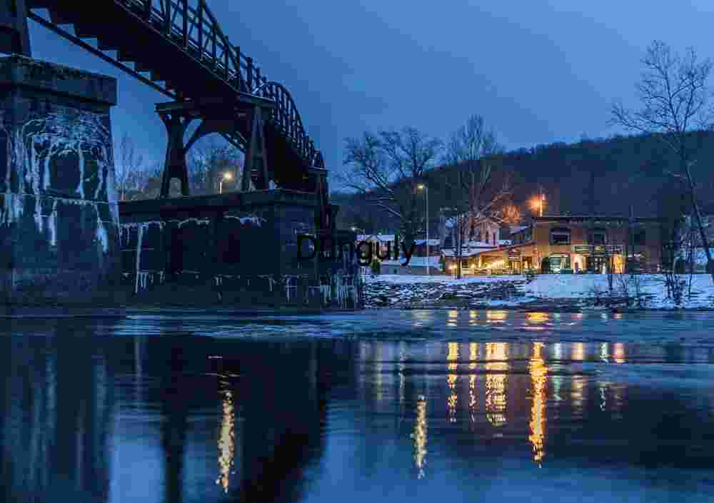Riverside view of Ohiopyle on a snowy evening; GAP trail