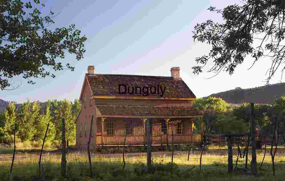Russell Home framed by trees