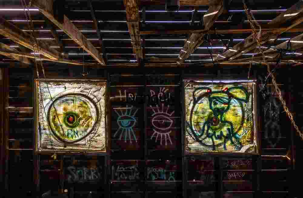 Gritty Windows with Graffiti Art in Bombay Beach Ruins