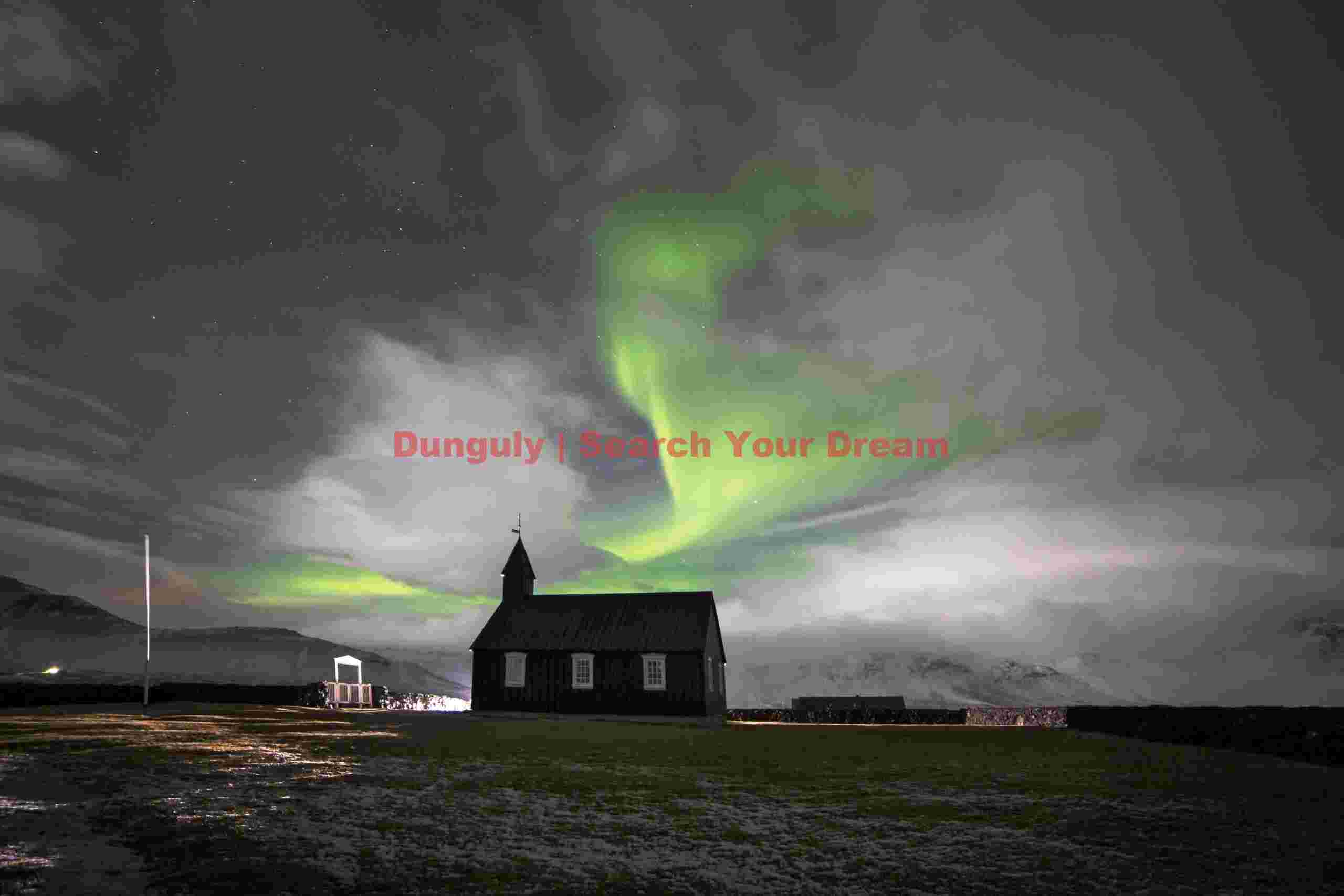 Aurora and moonlit clouds over Búðir church; Snaefellsnes peninsula