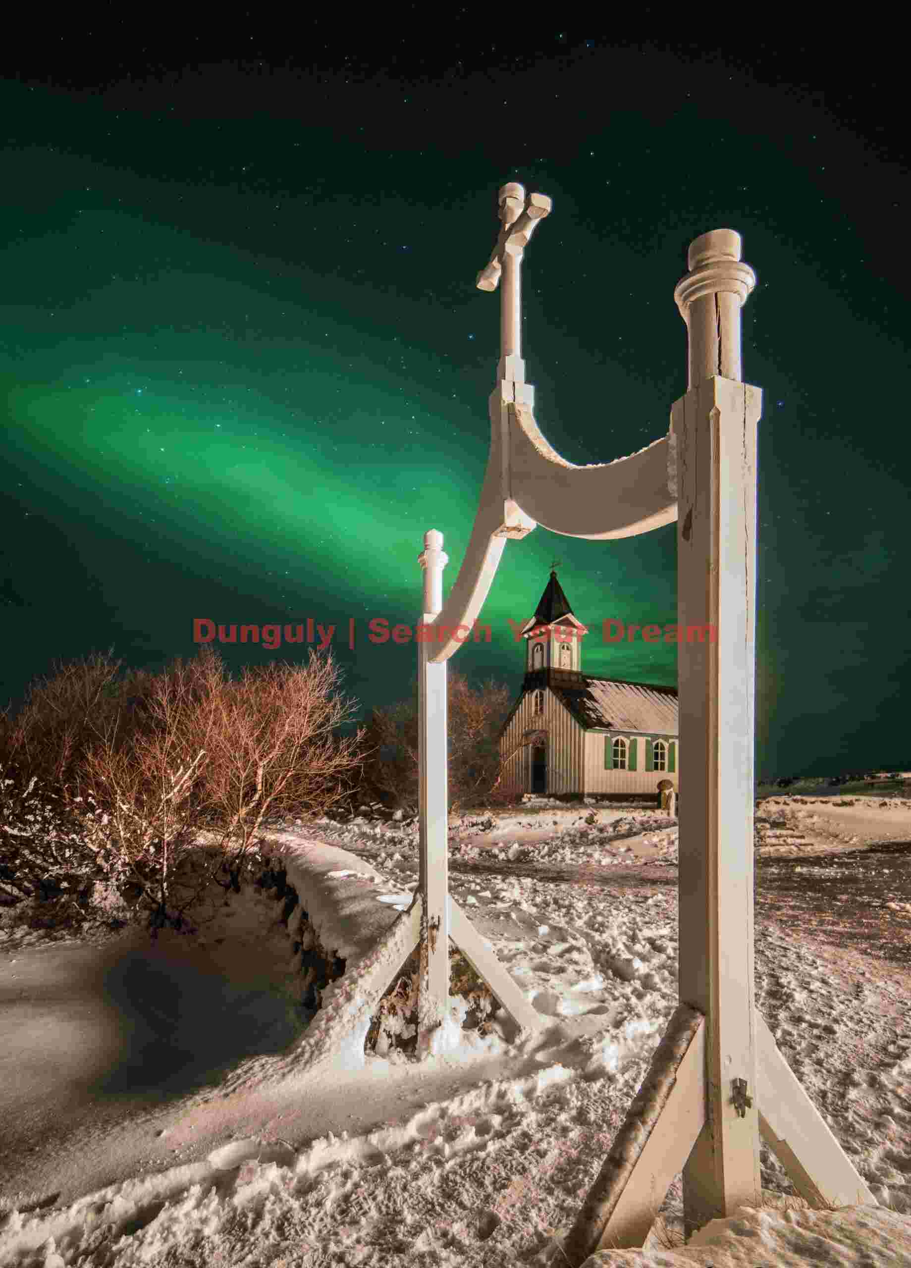 Aurora Above Cemetery Gate and Church at Þingvellir