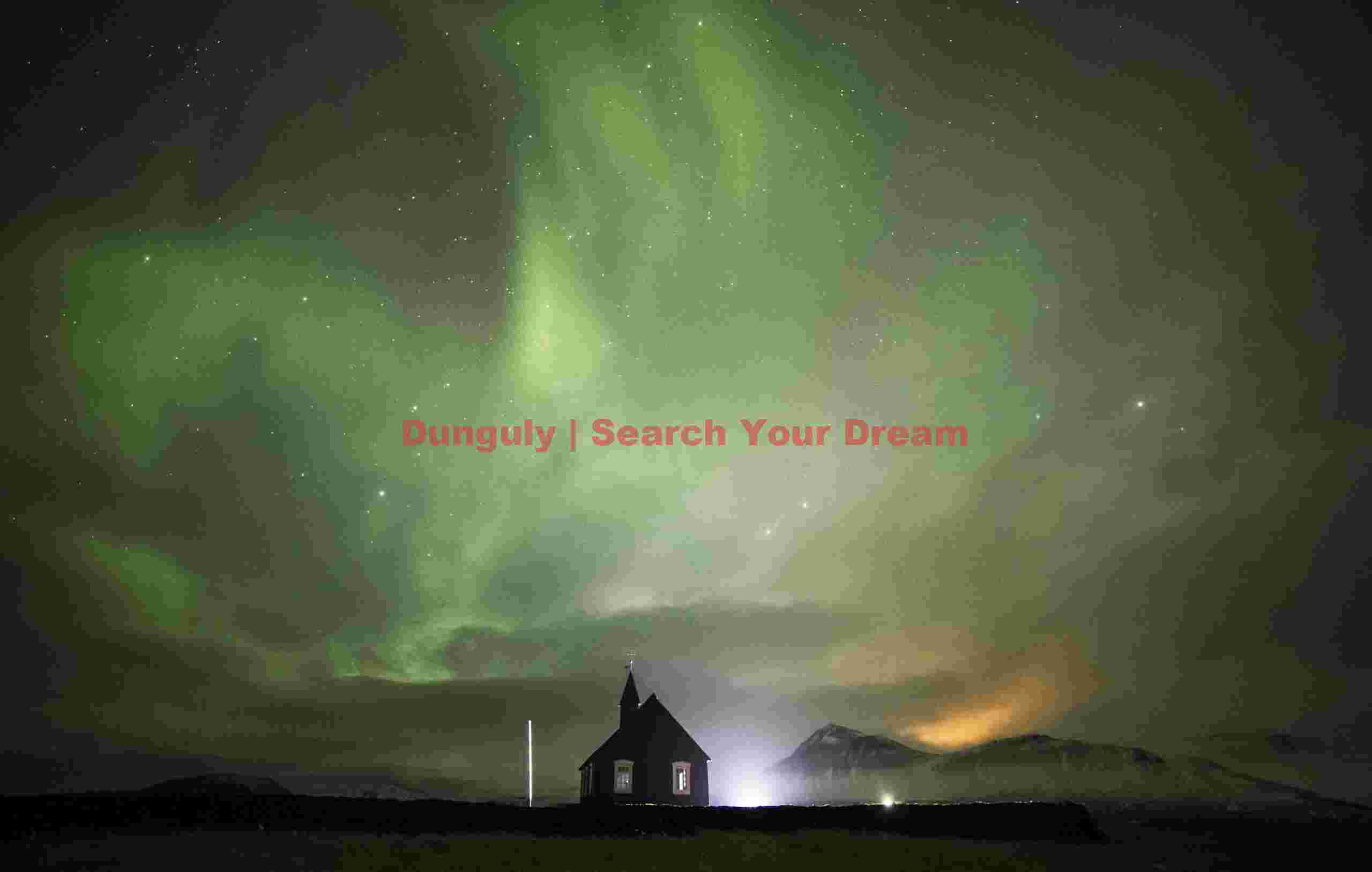 Aurora over floodlit church; Búðir, Snaefellsnes peninsula