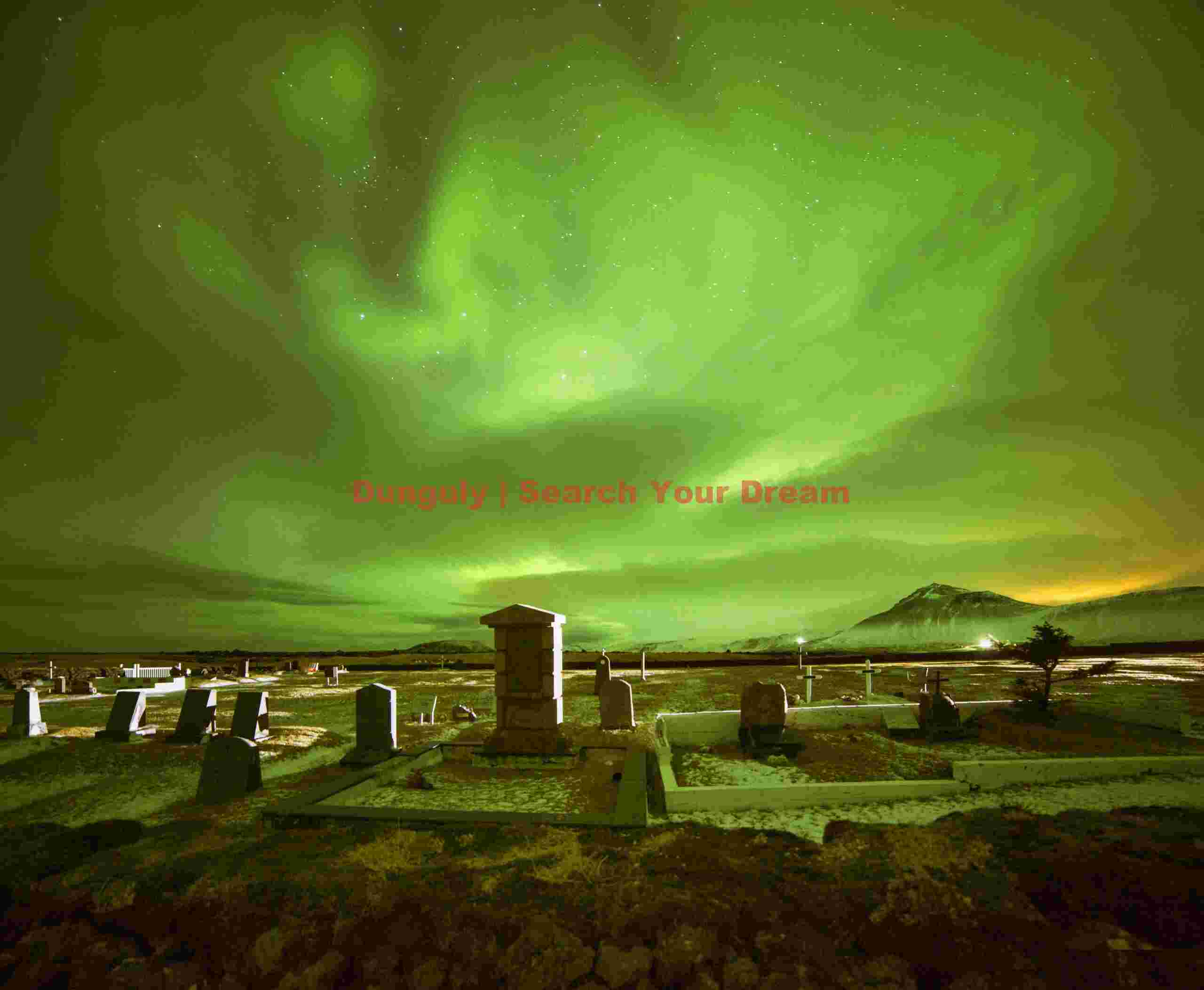 Aurora over graveyard; Búðir church; Snaefellsnes peninsula