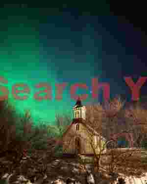 Aurora over trees and church; Þingvellir