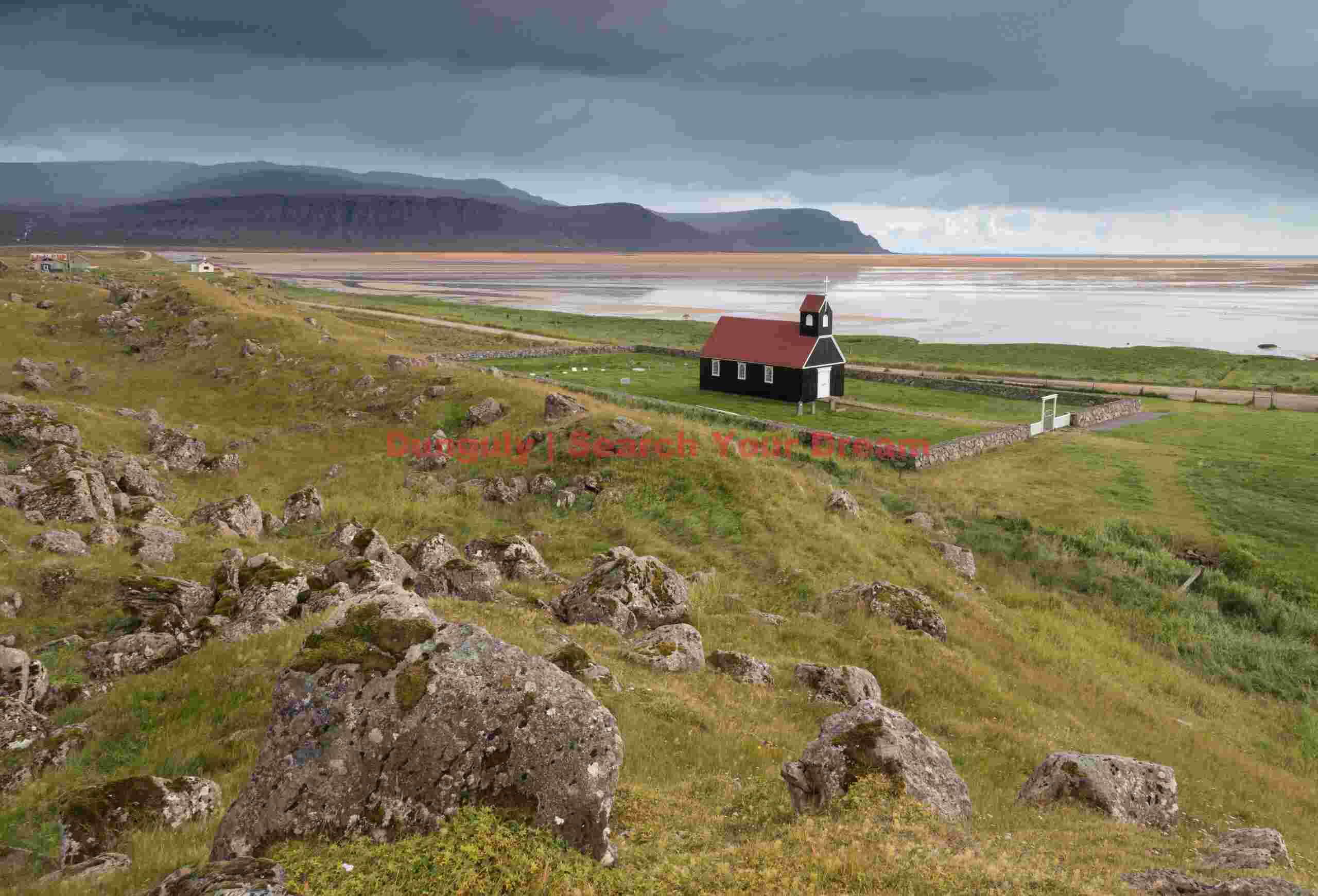 Church and beach; Rauðasandur, Westfjords