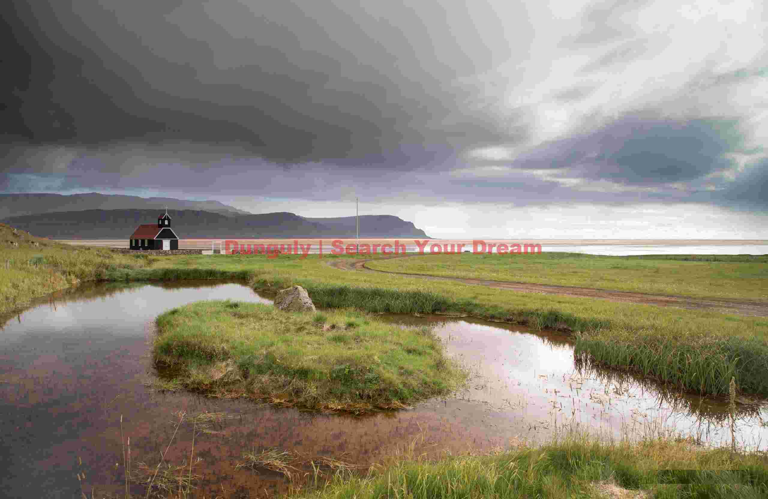 Church and pond; Rauðasandur, Westfjords