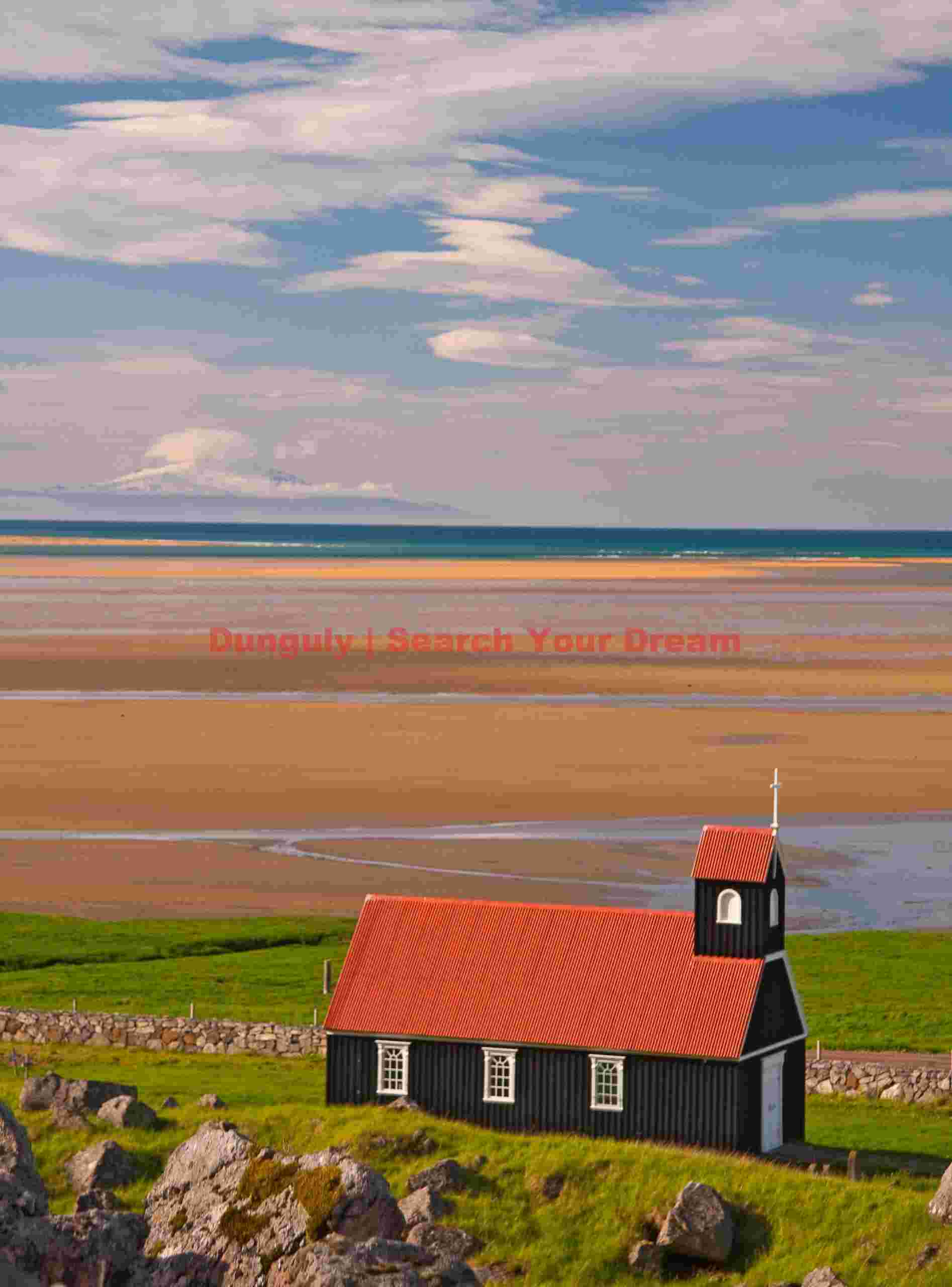 Church and red sands, Rausandir; Western Fjords