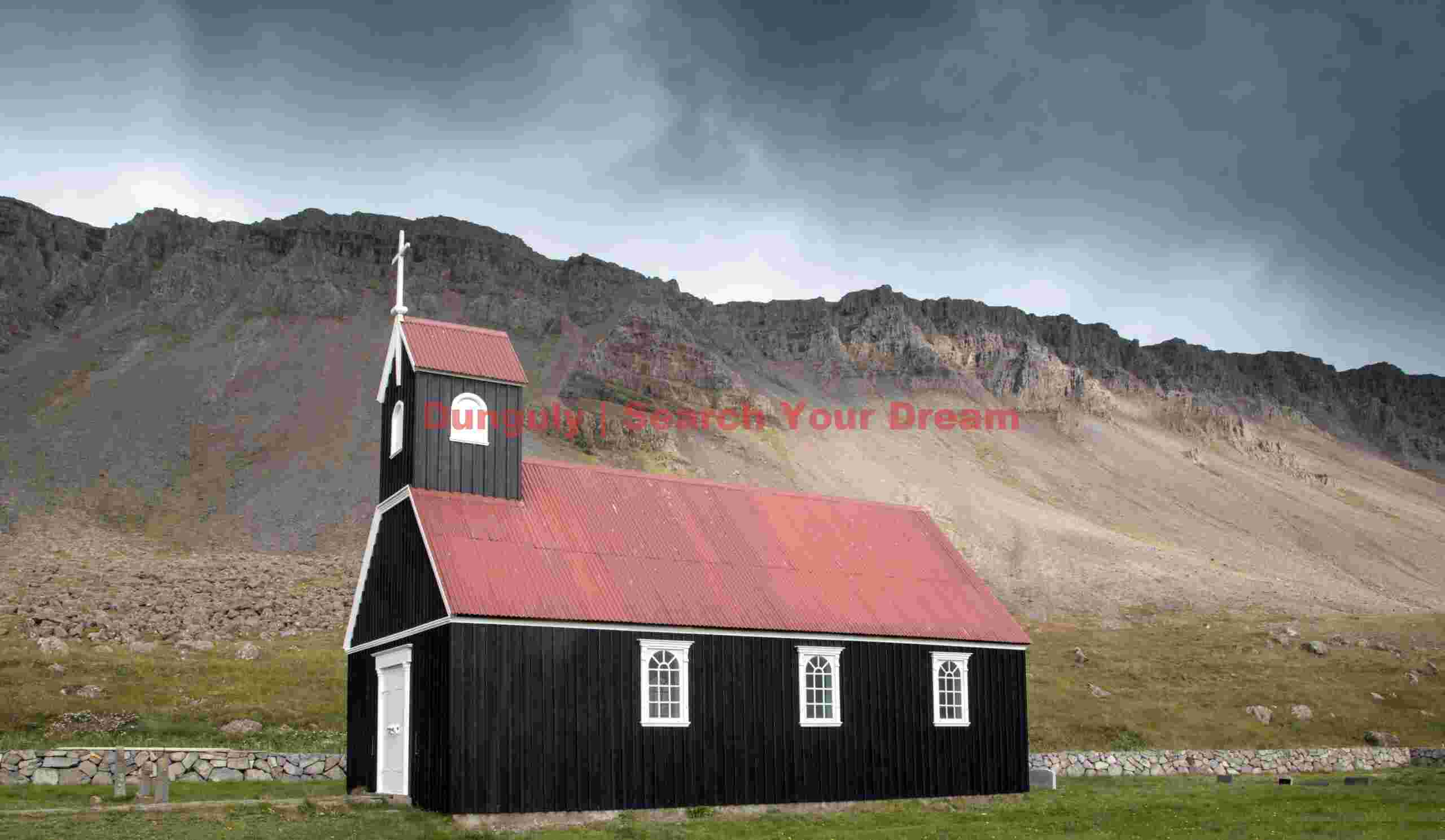 Church andcliffs; Rauðasandur, Westfjords