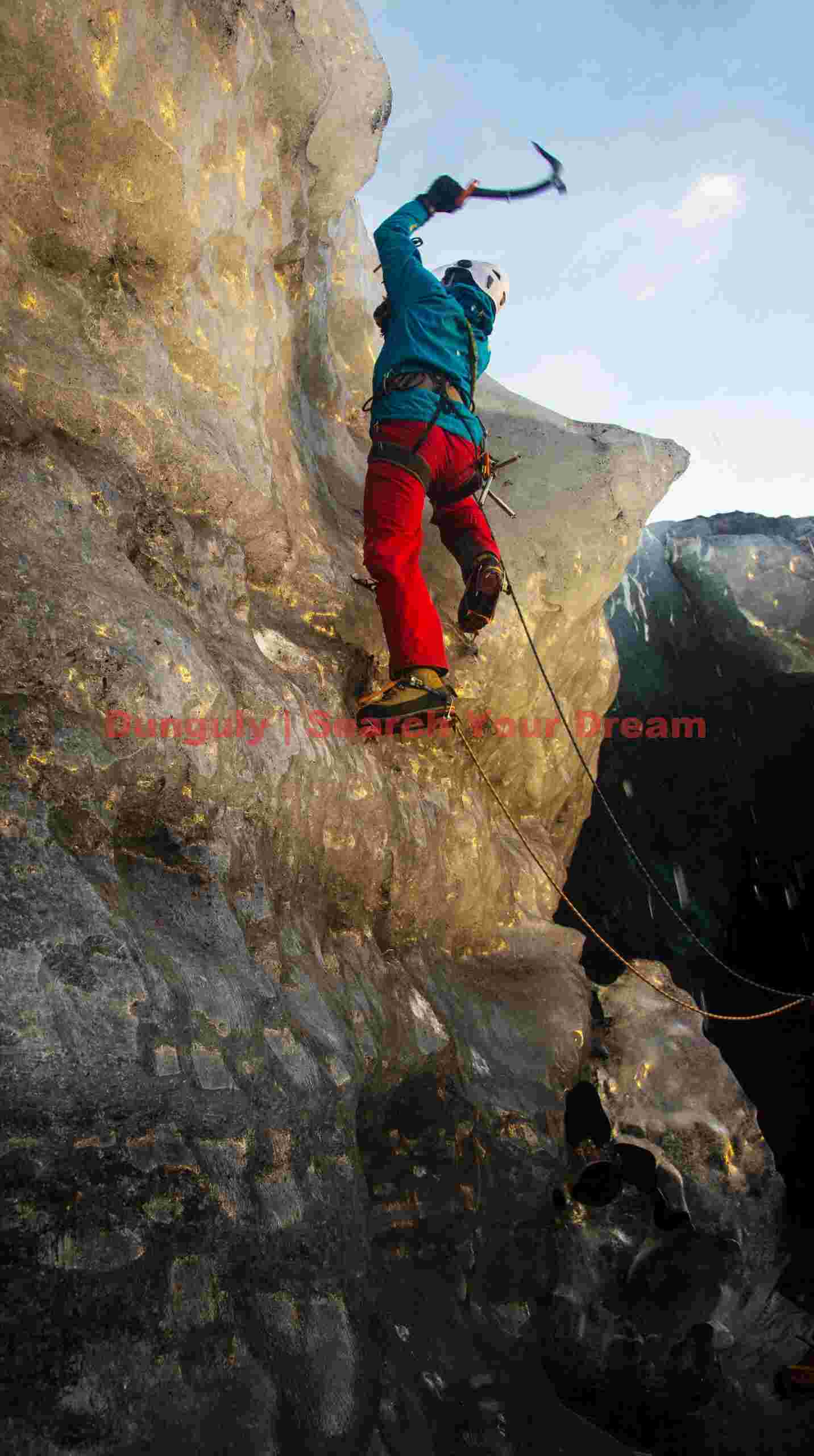 Einar demonstrating ice climbing; Vatnajokul