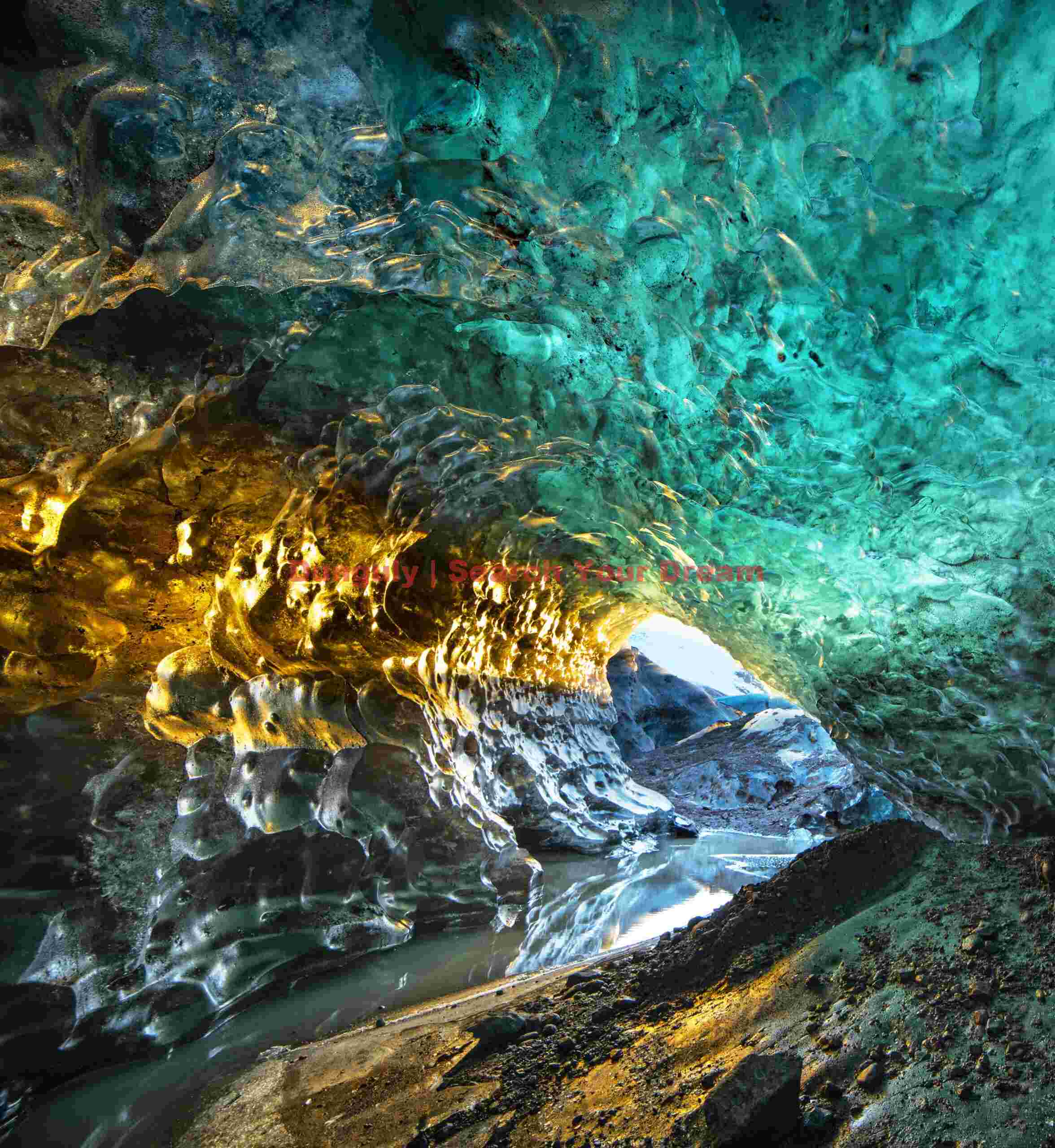 Glacial Ice Formation at Icelandic TV presenter in the Golden ice cave, Vatnajokull, Iceland