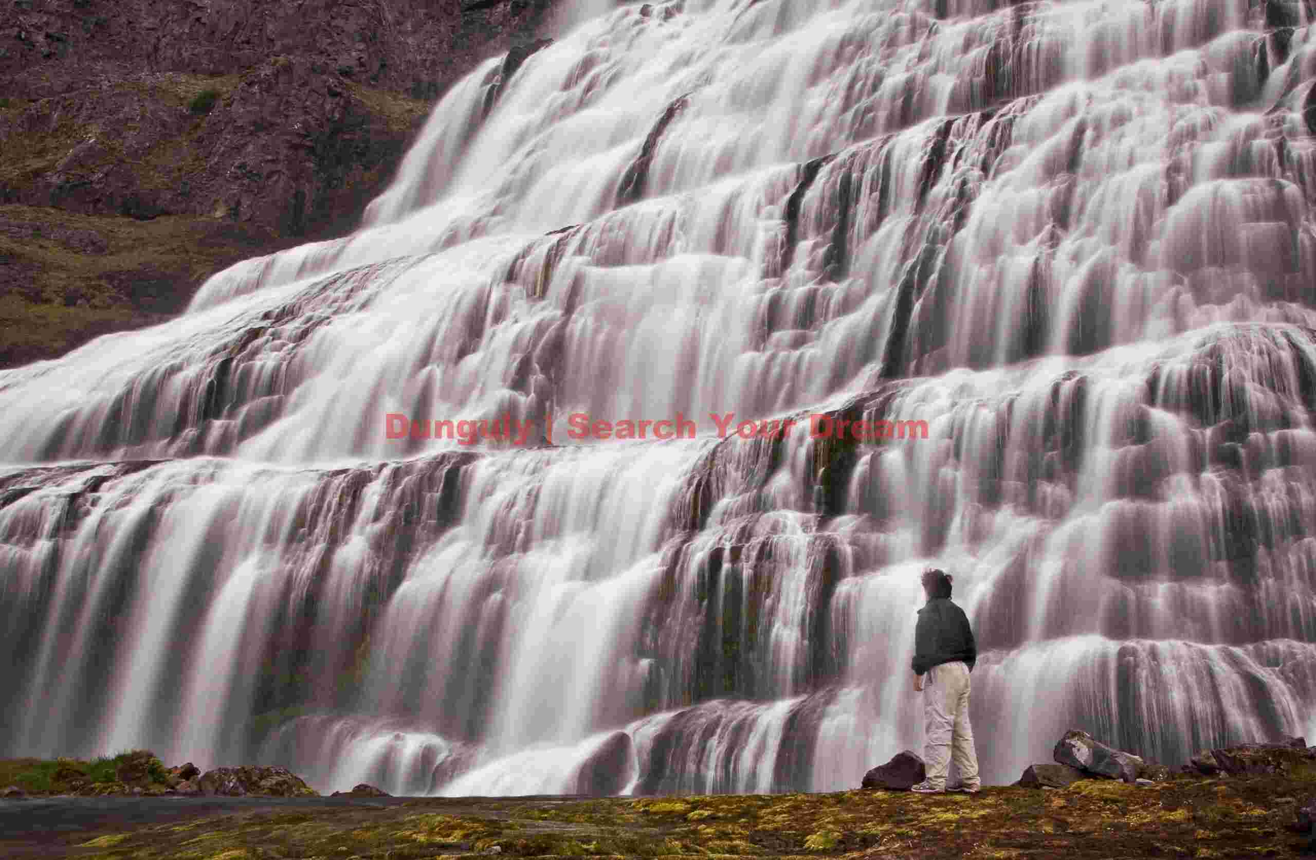 Main Dynjandifoss cascade, with the photographer for scale; Western Fjords