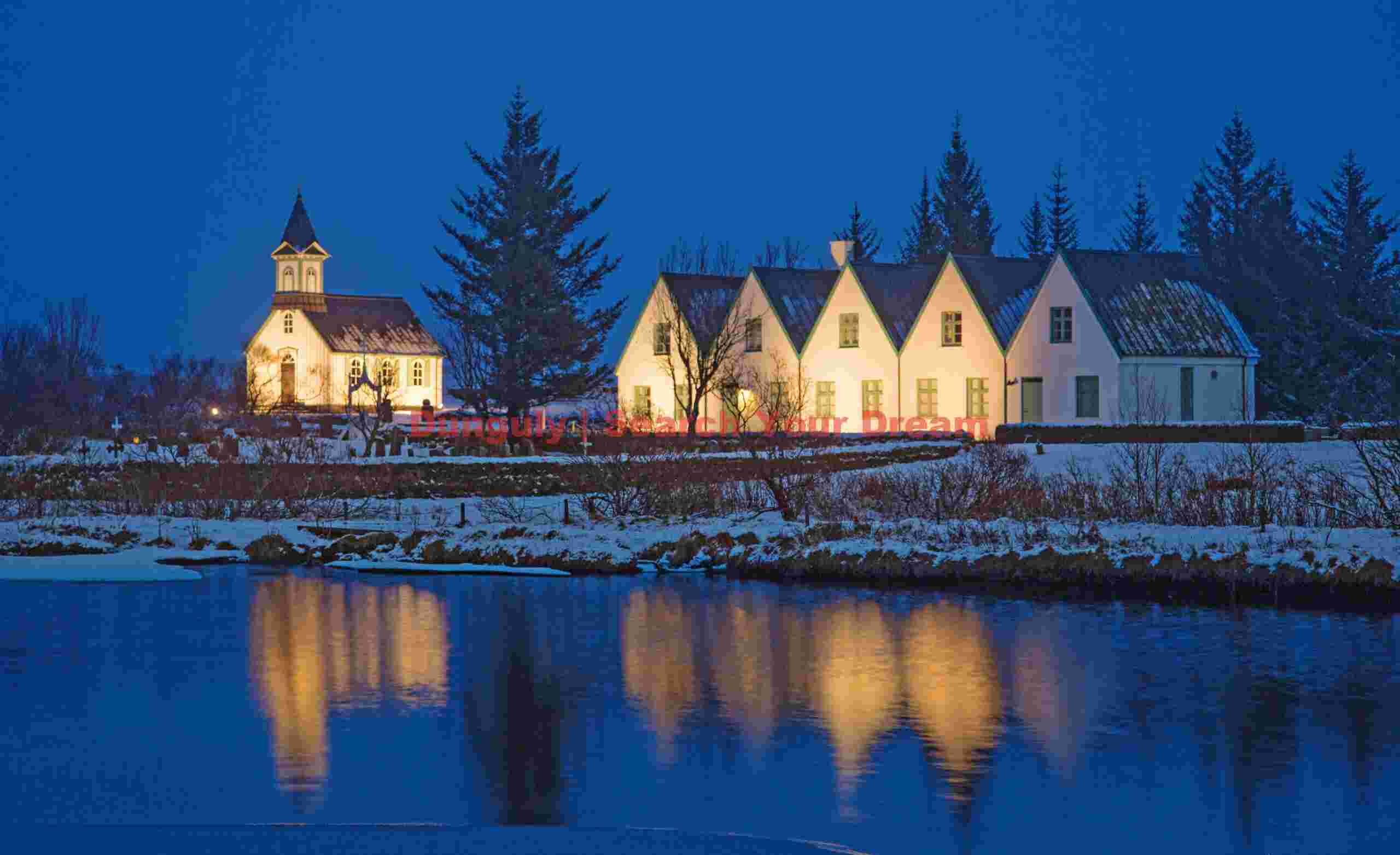 Night-time reflections; Church at Pingvellir