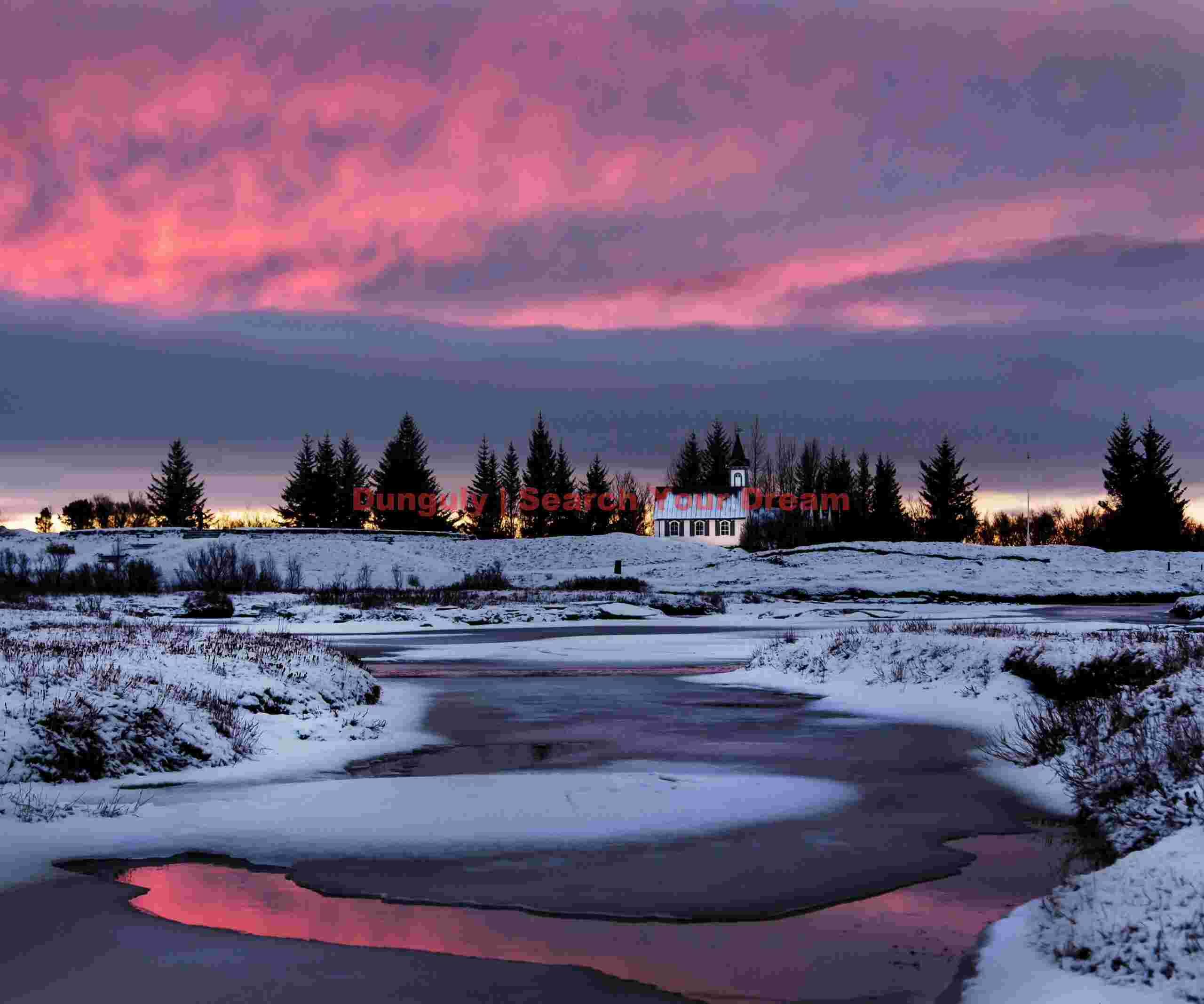 Pingvellir church with scarlet cloud reflection