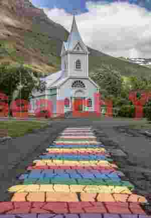 Rainbow path to Seyðisfjarðarkirkja church; E. Iceland