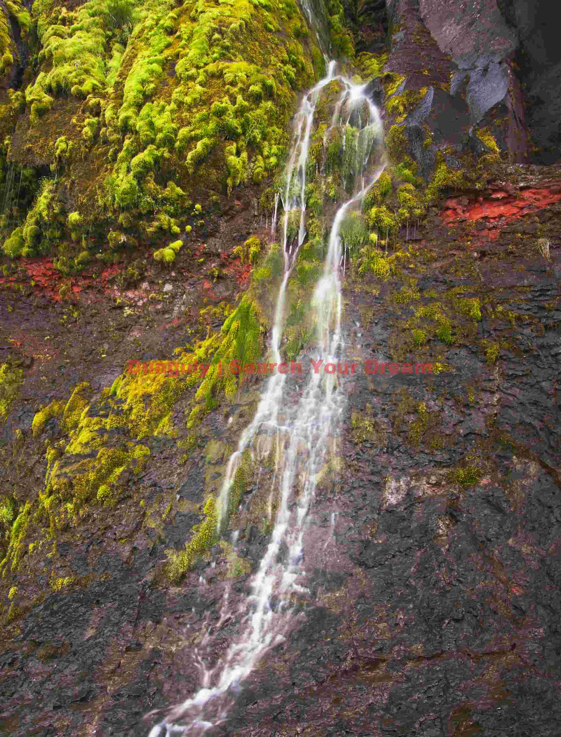 Red rock veins by the side of Dynjandifoss