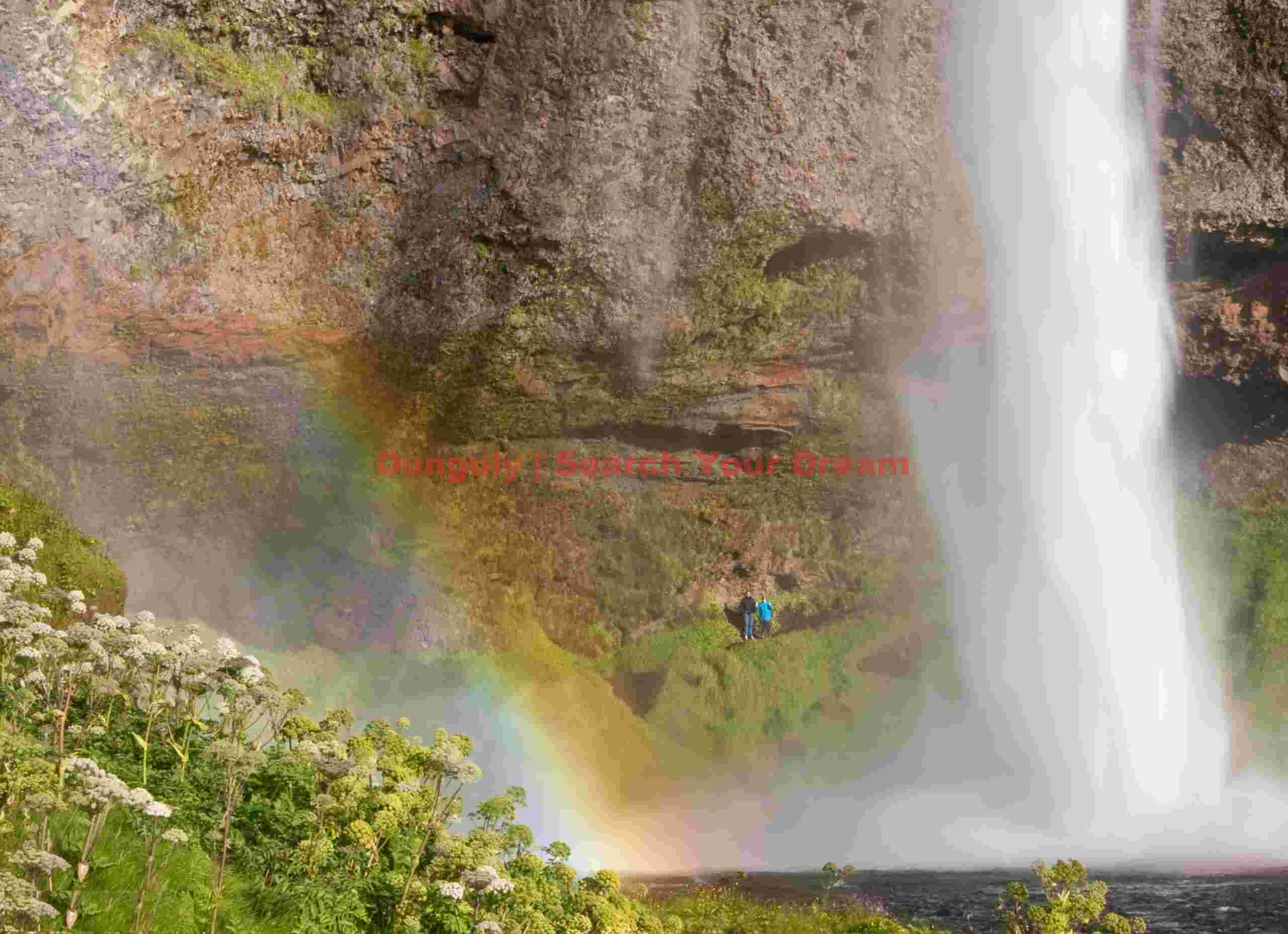 Seljalandfoss - rainbow and hikers