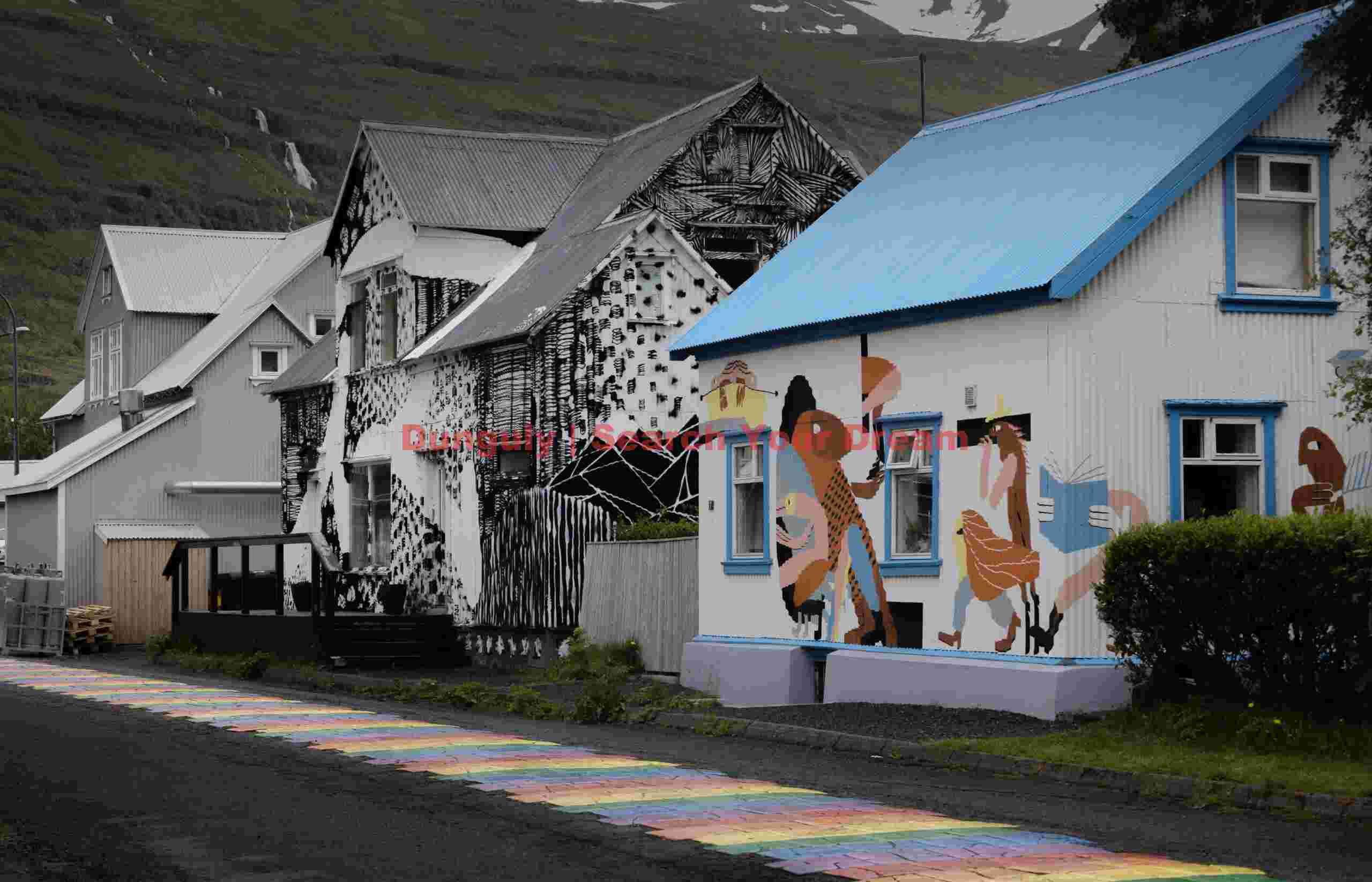 Seyðisfjörður houses and rainbow path; E. Iceland