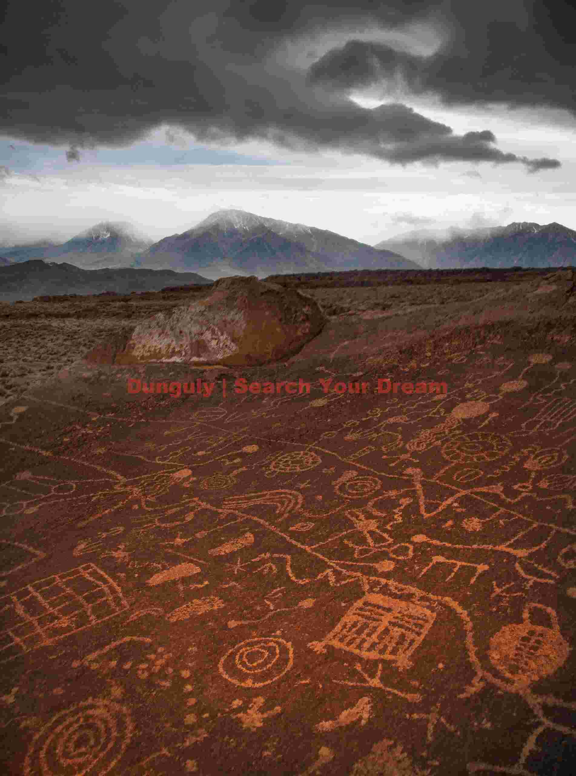 Sky-Rock Petroglyph Light-Painted Red with Storm Clouds