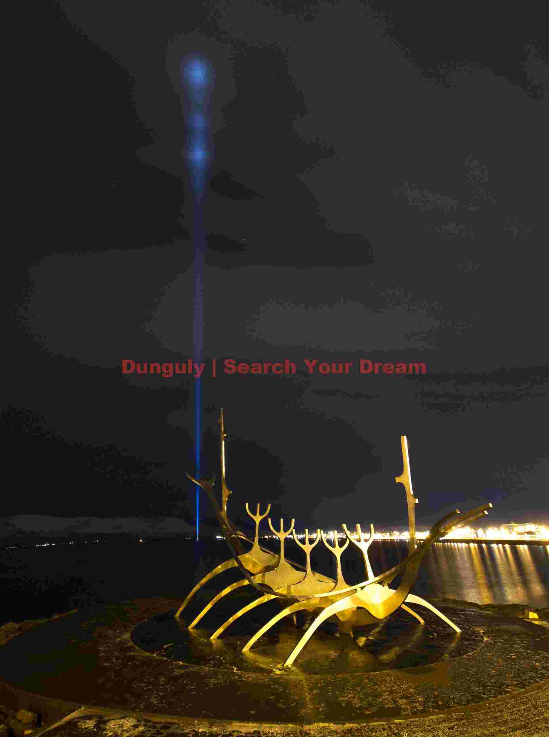 Solfar sculpture with John Lennon Peace Tower memorial; Reykjavik