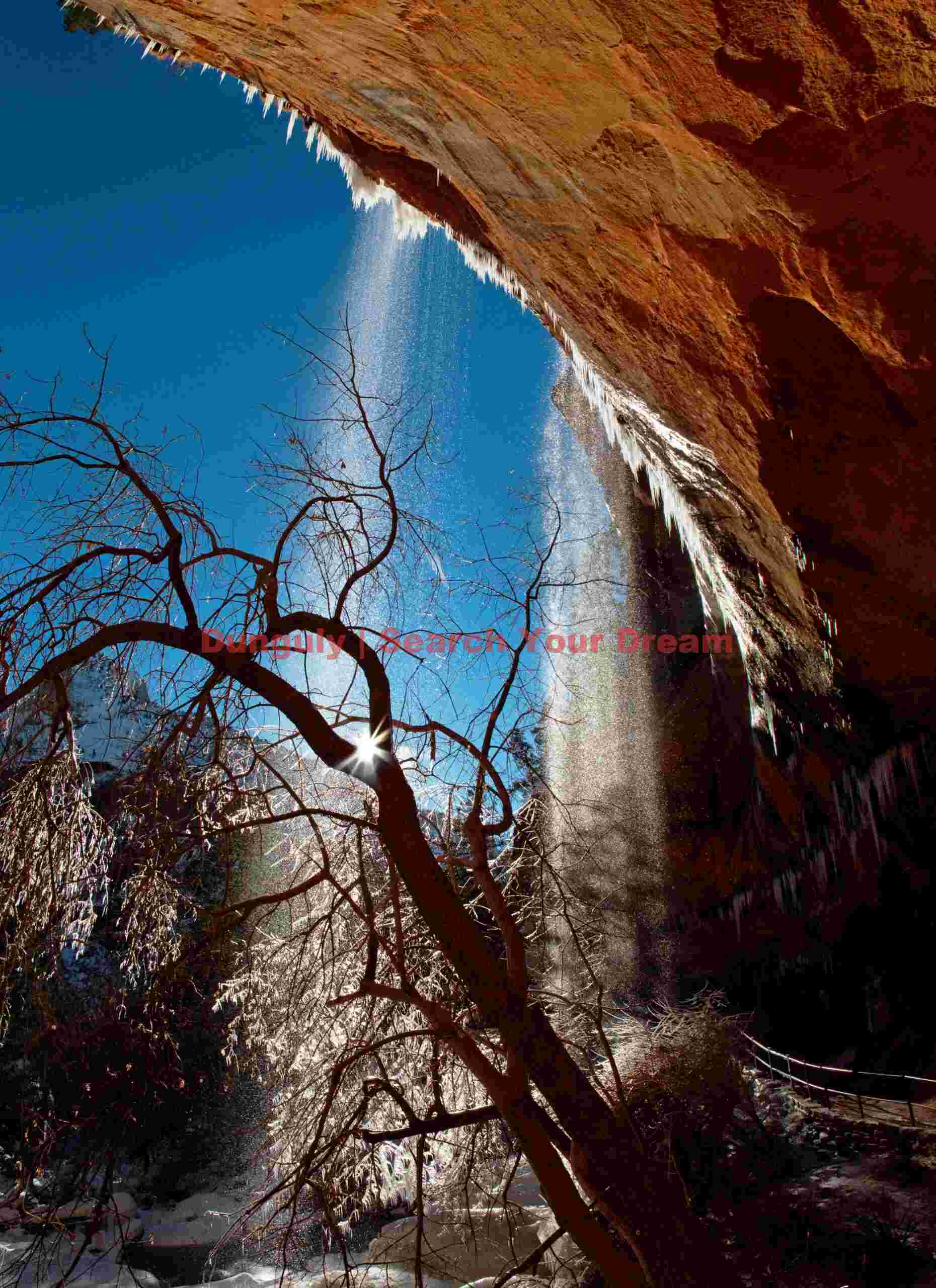 Double Falls and Backlit Icicles at Sunrise