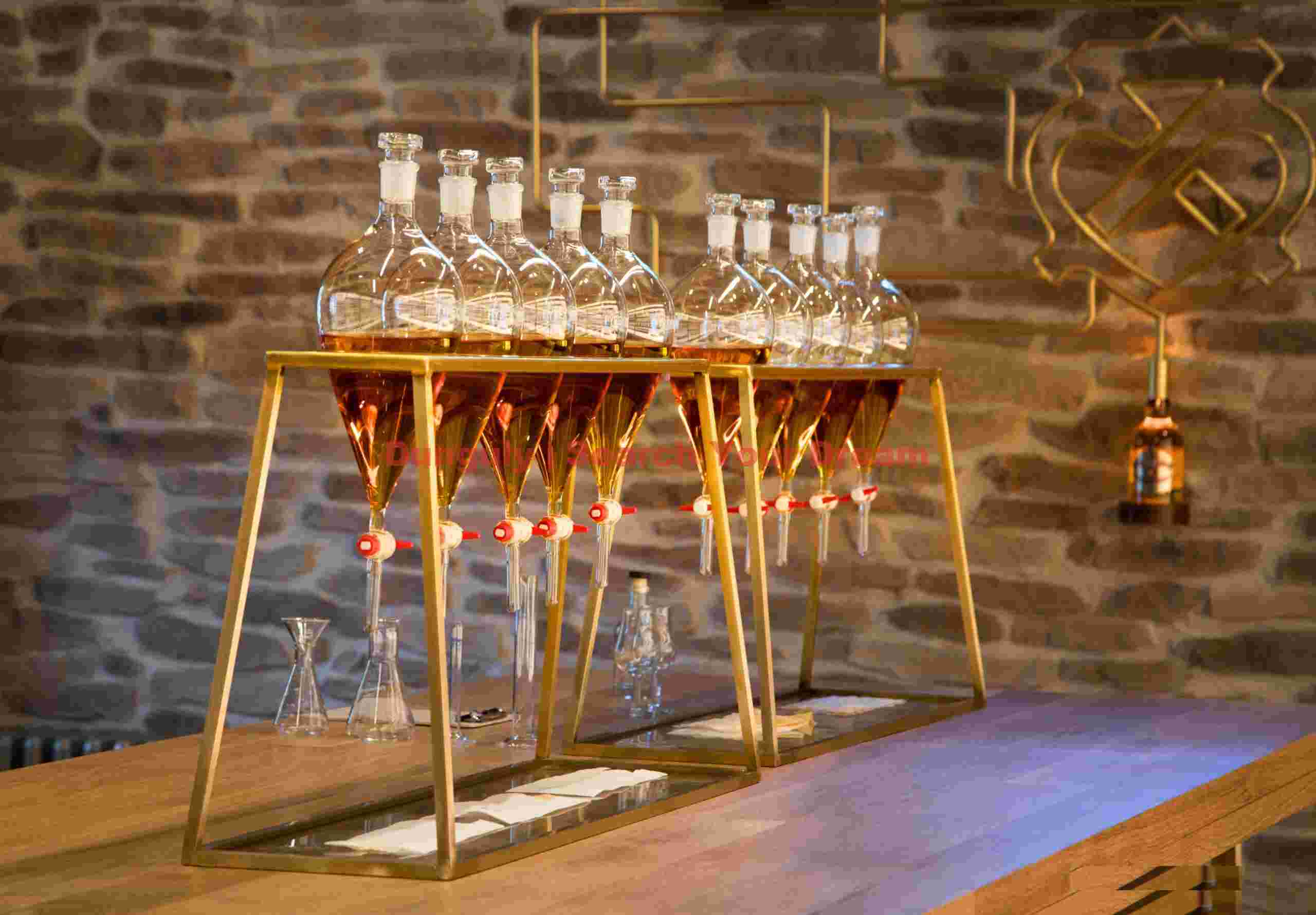 Array of single malts in titration flasks