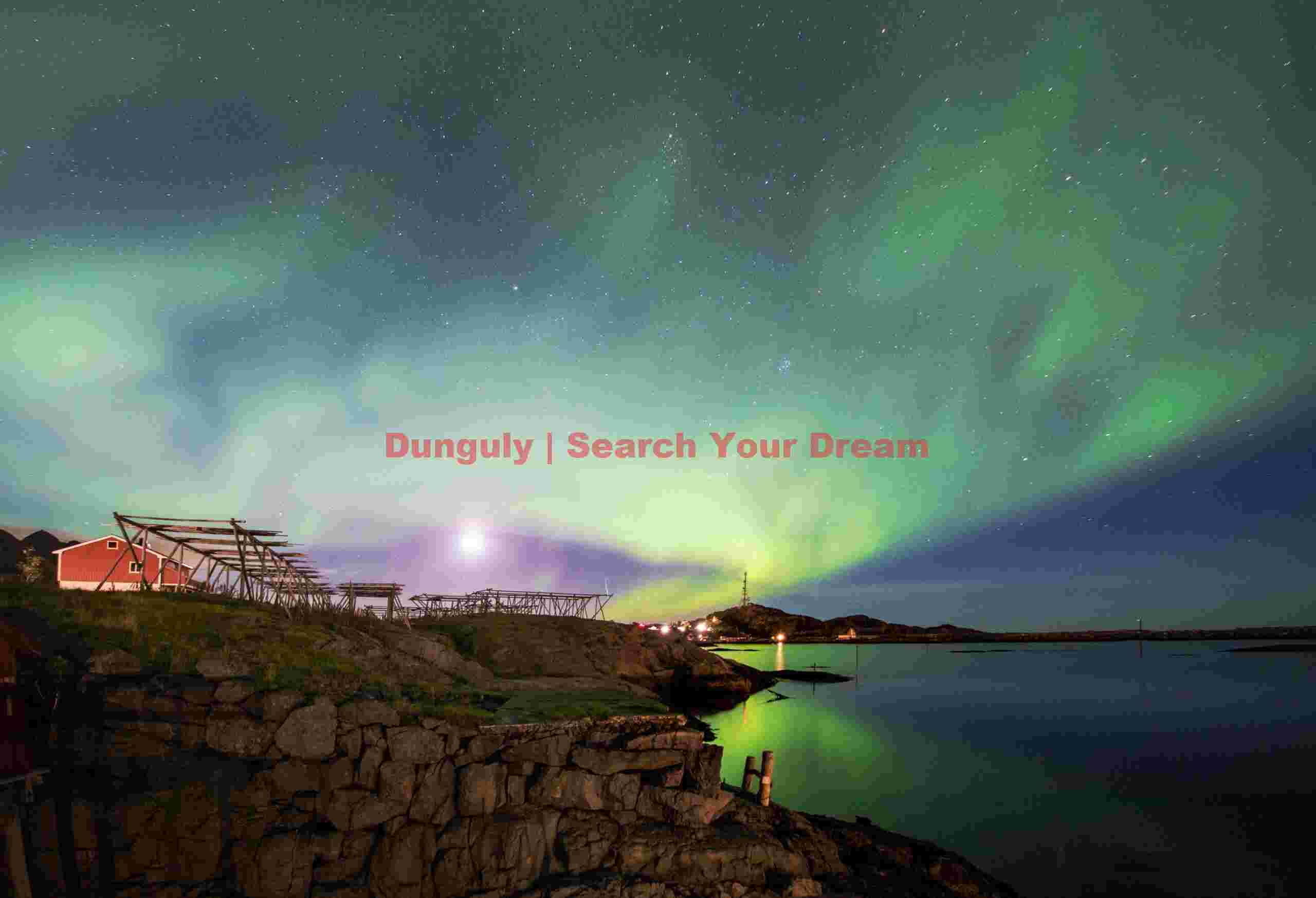 Aurora and moonrise over fish drying racks