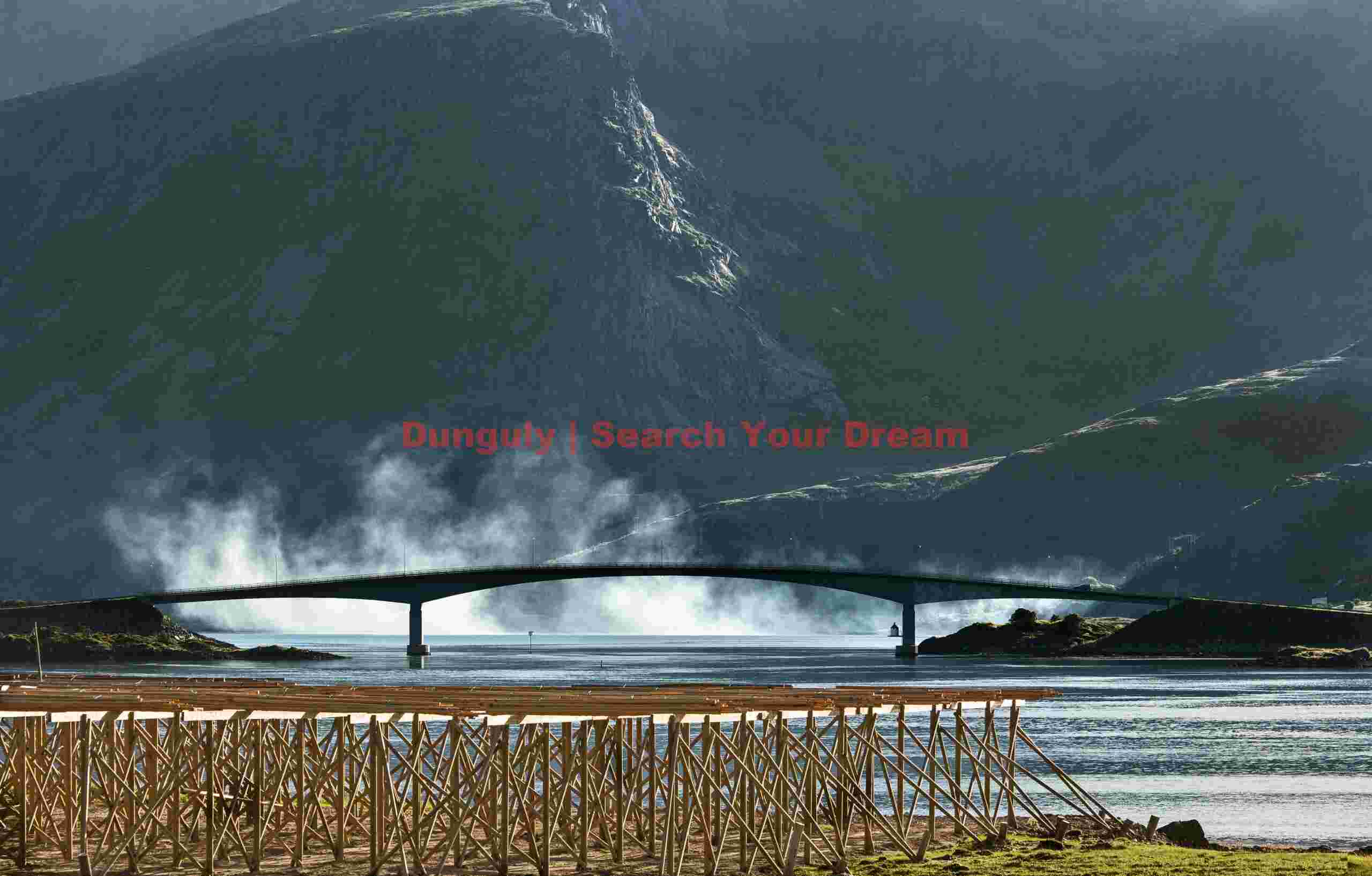 Stockfish drying rack and bridge to Fredvang