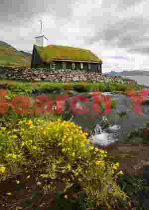 Turf-roofed church and wildflowers