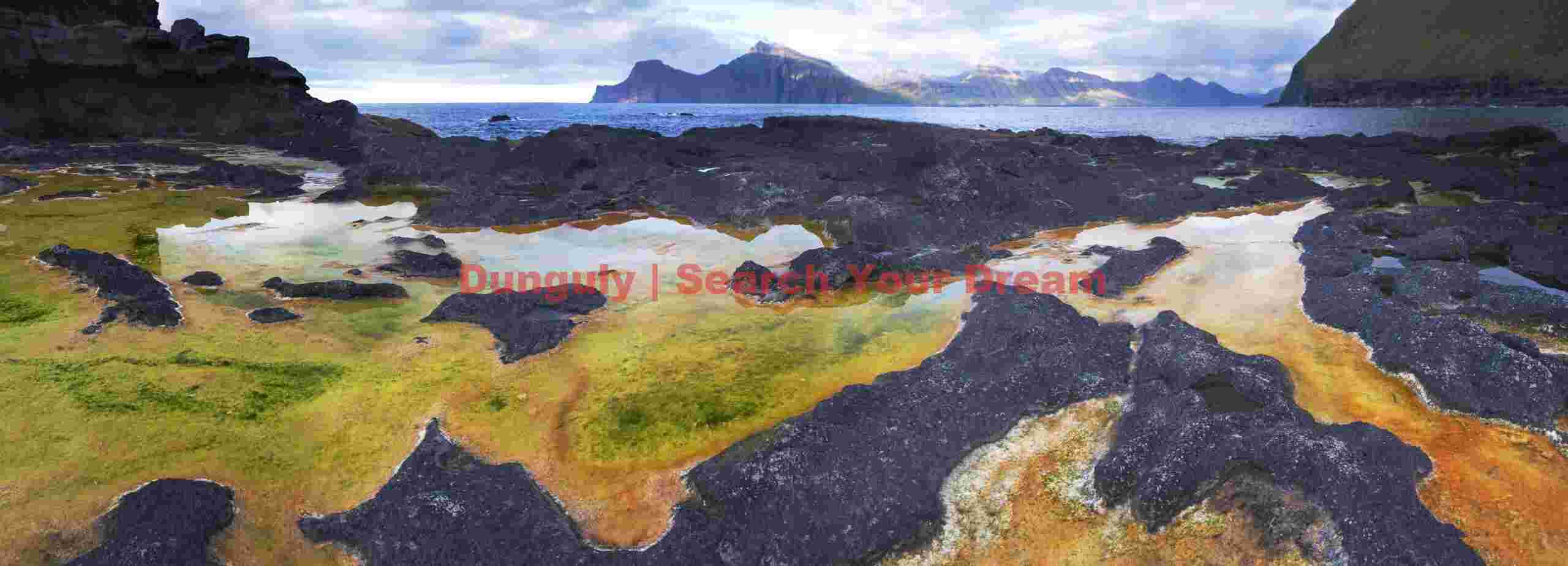 Yellow, red and green tidepool panorama