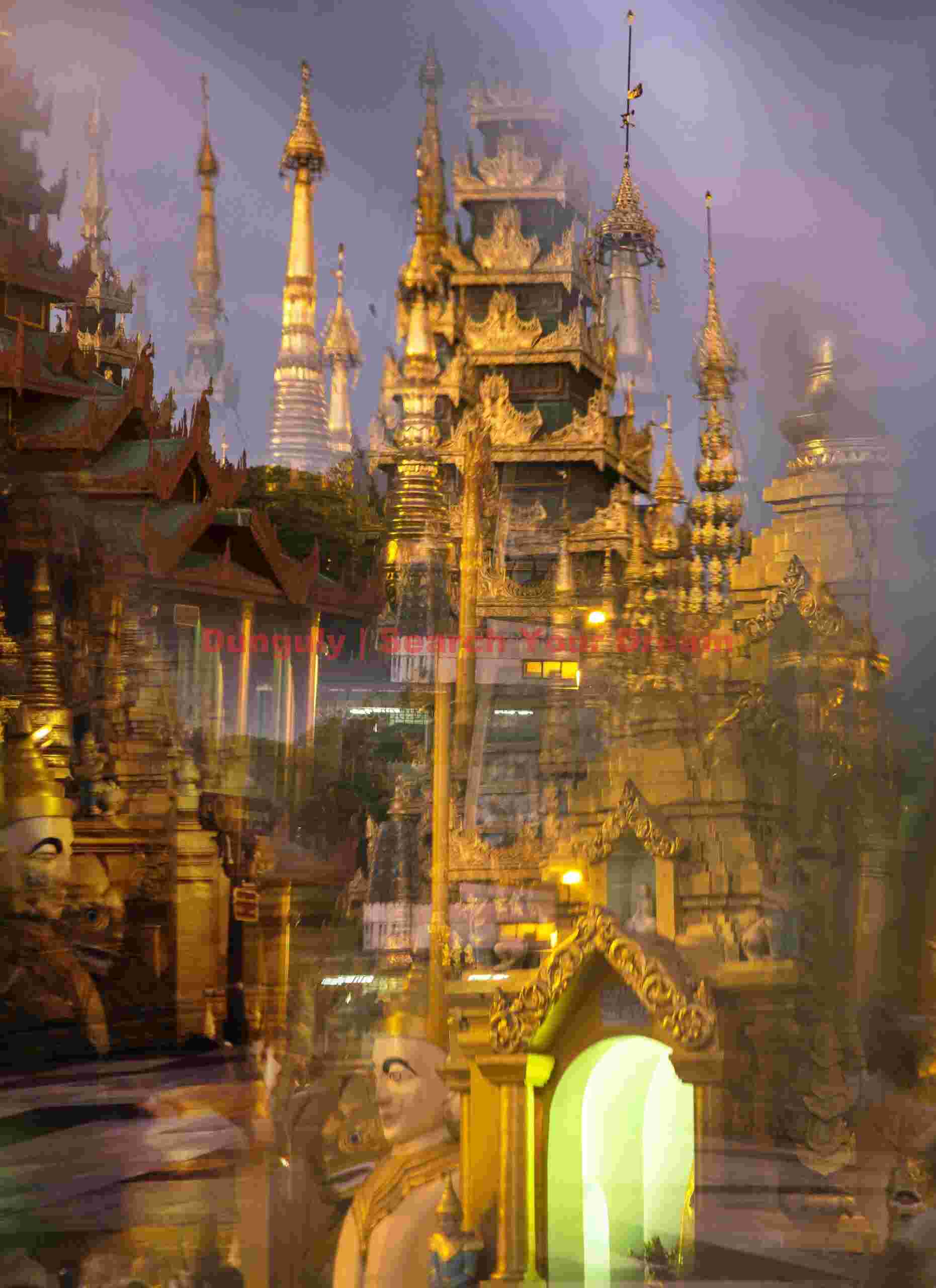 Shwedagon nighttime kaleidoscope in mirrored mosaic