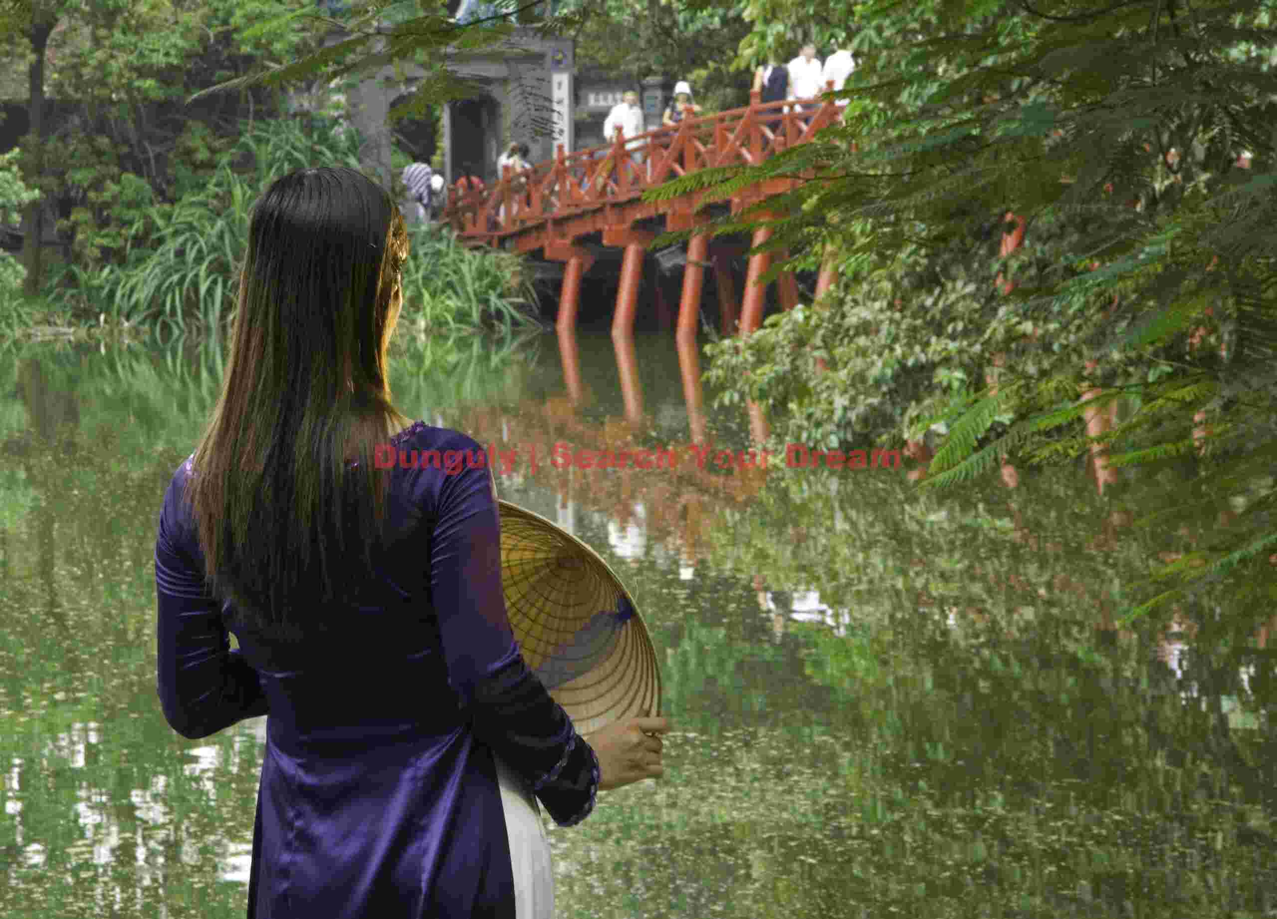 View from far, Bridge to Ben Ngo Son Pagoda, Hoan Kiem Lake Hanoi, Vietnam